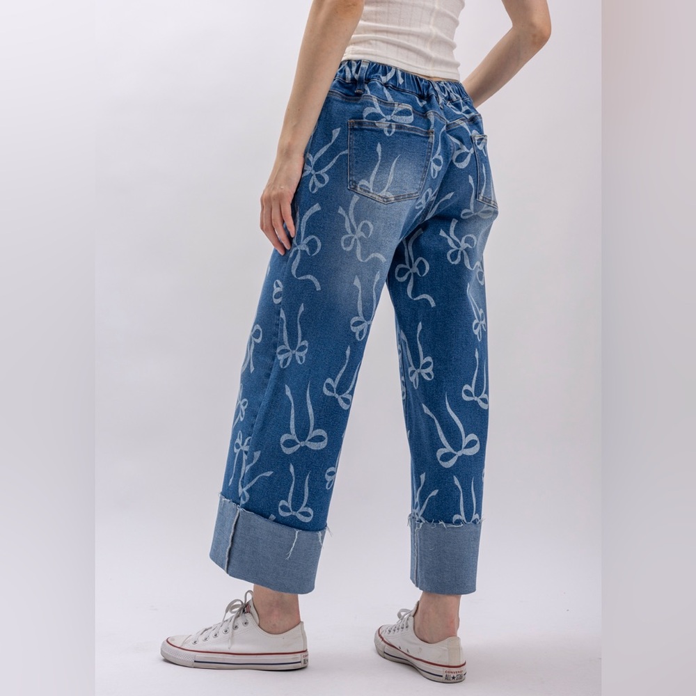 Blue Velvet Bow-Print Wide Leg Jeans - Picture 2 of 5